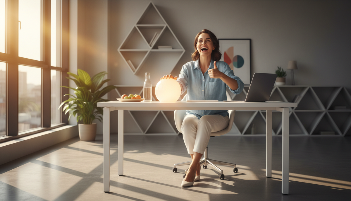femme 55 ans énergique bureau lumière matinale fatigue chronique eau hydrogénée
