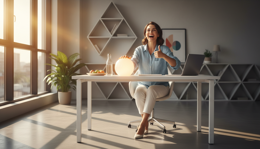femme 55 ans énergique bureau lumière matinale fatigue chronique eau hydrogénée