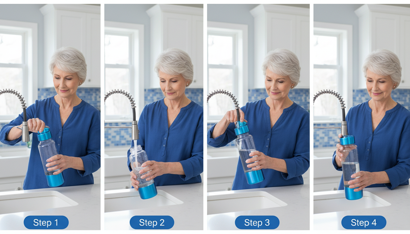 femme 60 ans utilisant gourde eau hydrogénée cuisine guide étapes