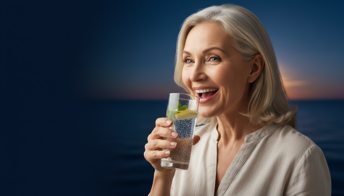 femme 55 ans buvant eau hydrogénée bienfaits santé
