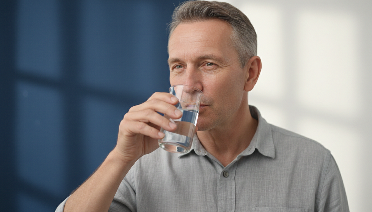homme 60 ans serein buvant eau hydrogénée sécurité effets secondaires