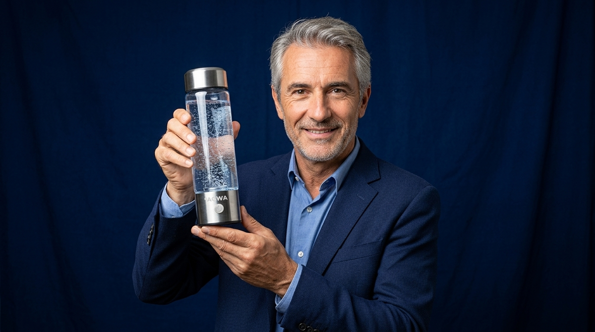 homme 58 ans tenant fièrement gourde AQWA meilleure gourde hydrogène 2026