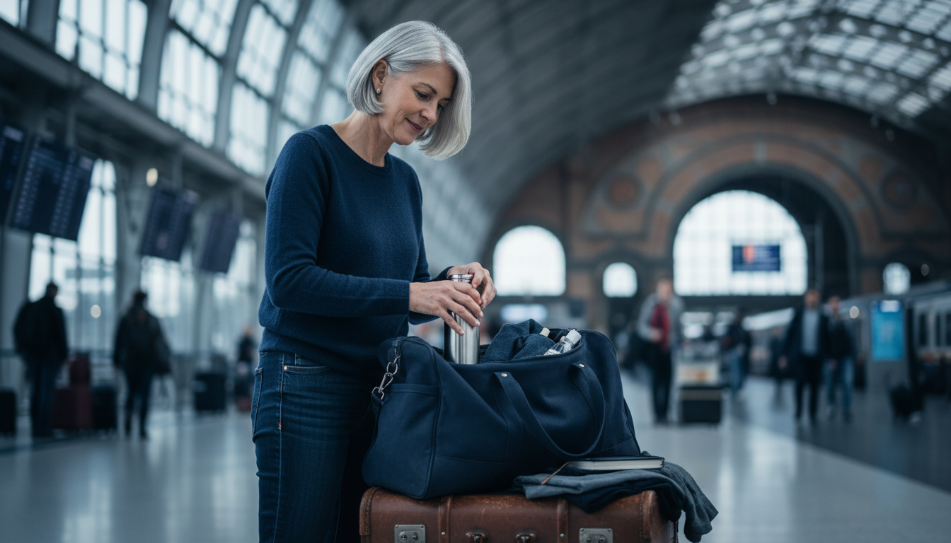 femme 55 ans voyage aéroport gourde eau hydrogénée santé déplacement