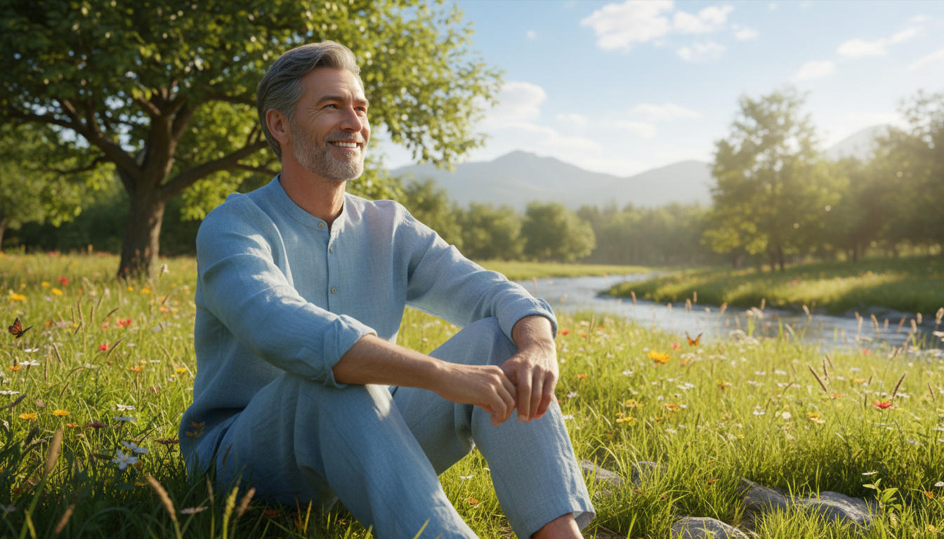 homme 55 ans serein bien-être émotionnel humeur équilibre eau hydrogénée